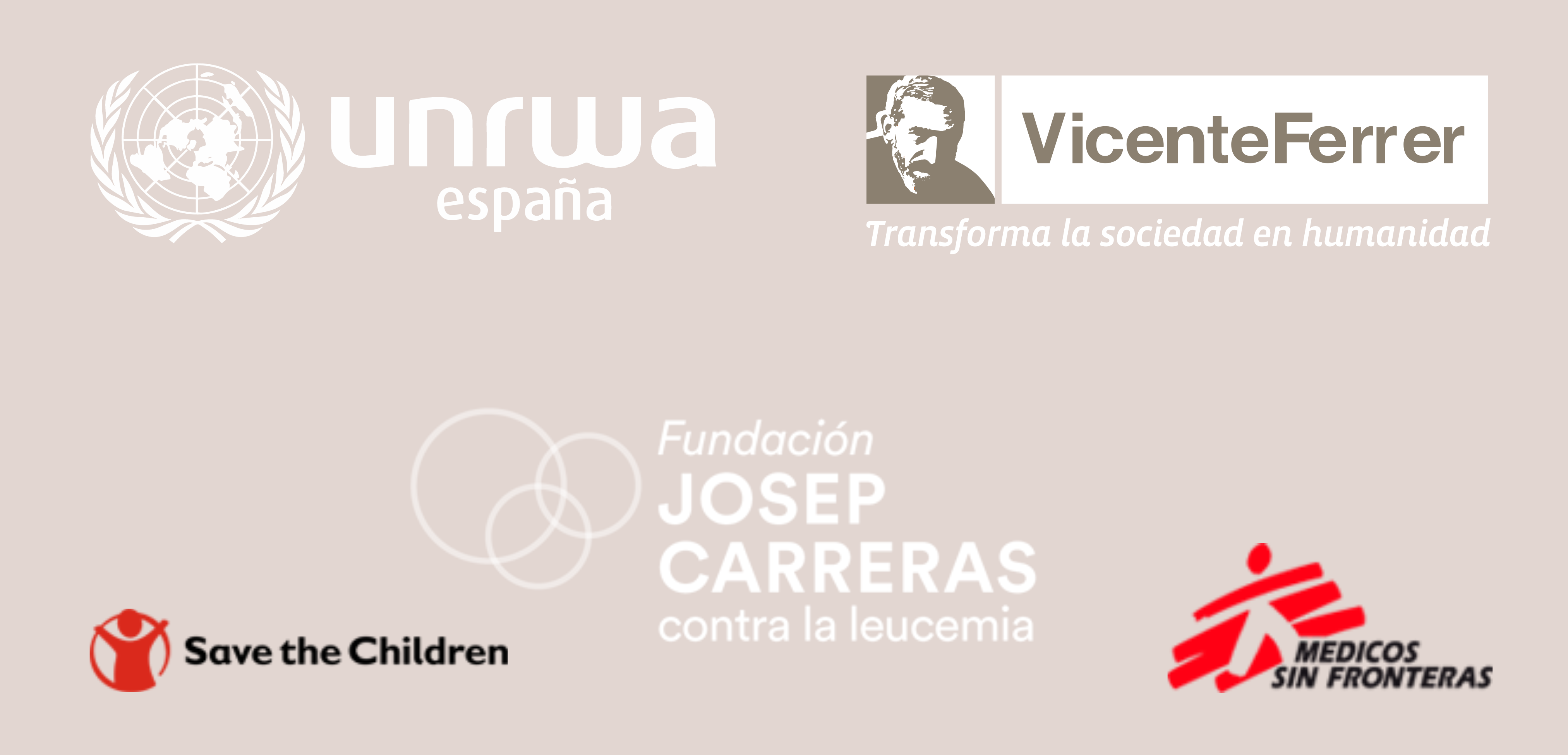 Colaboramos con la Asociacion Vicente Ferrer, Unrwa, Fundacion Josep Carreras, Save the Children y Médicos sin fronteras